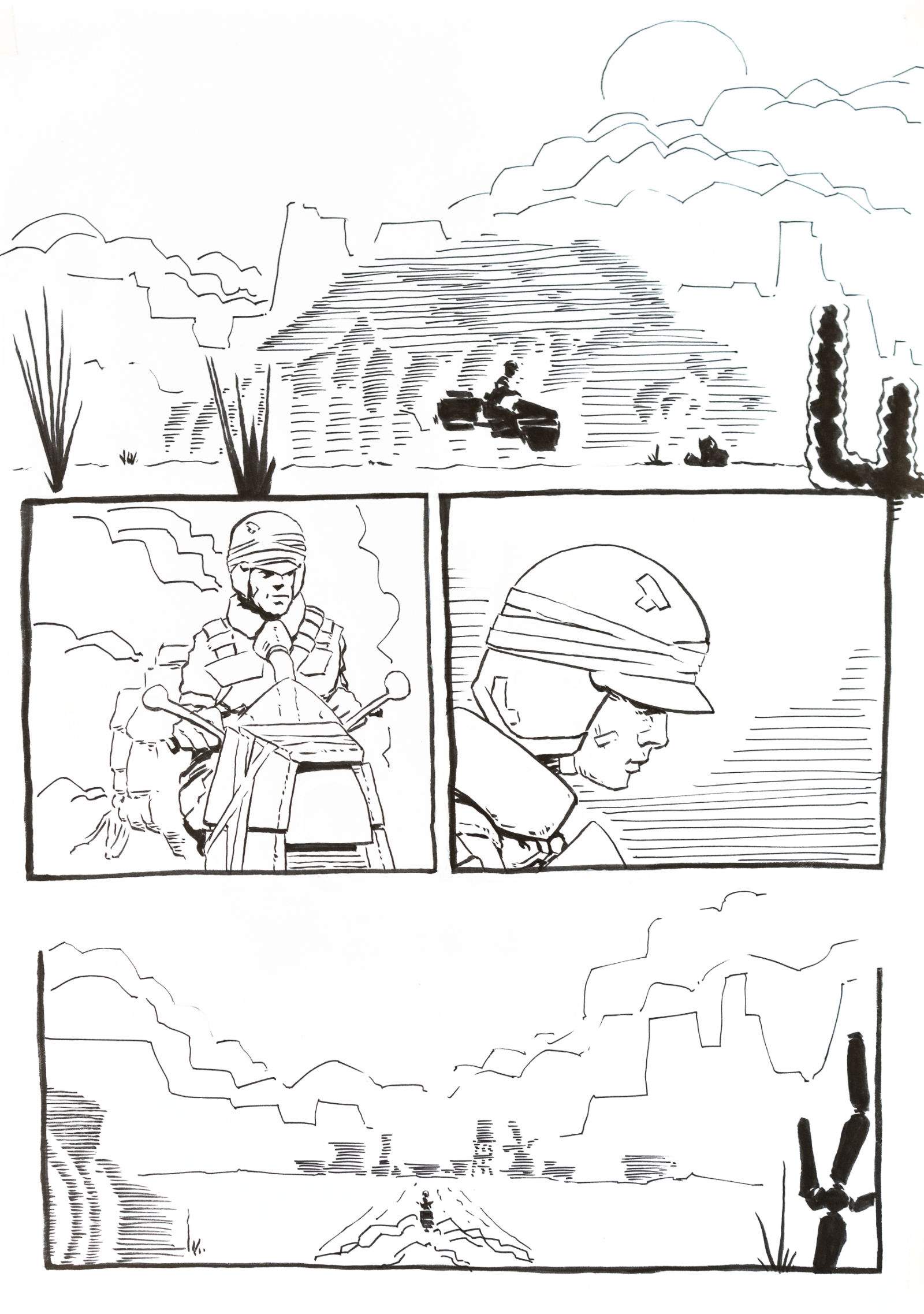 A comic page with four panels depicting a man on a hover bike speeding through a desert