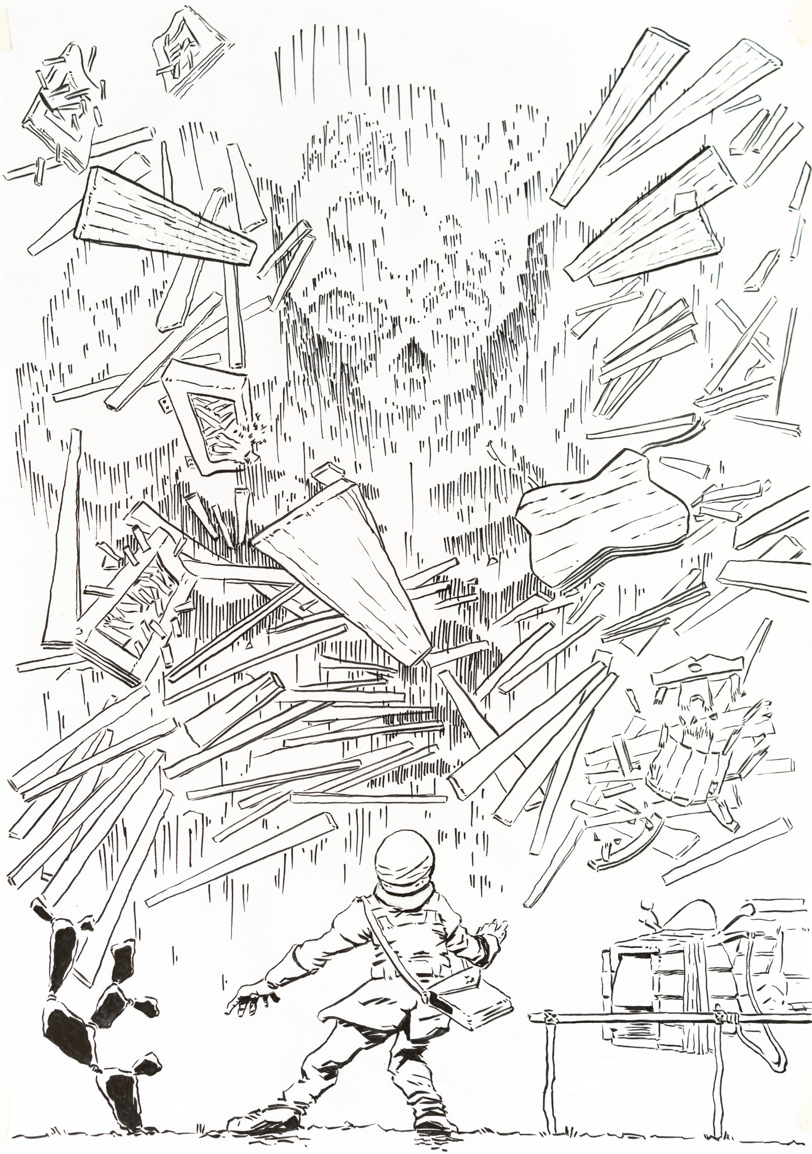 A large bio-mechanical monster appears in front of a man