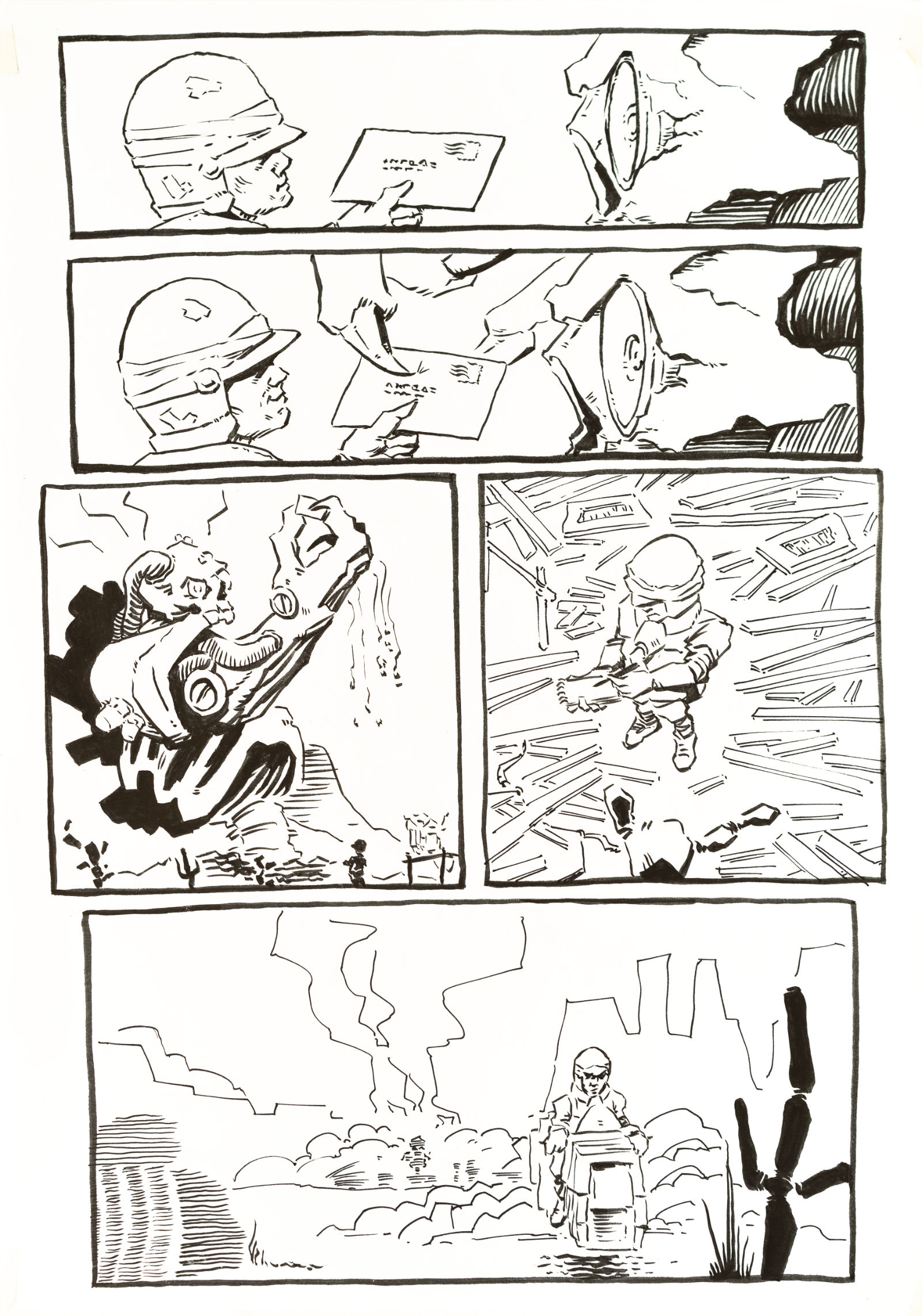 A man offers a letter to a bio-mechnical monster, which takes it from him.