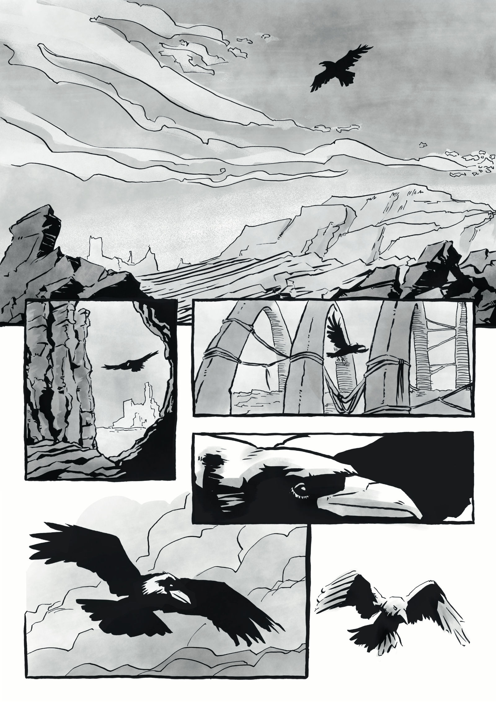 A comic page showing a crow flying through a desert