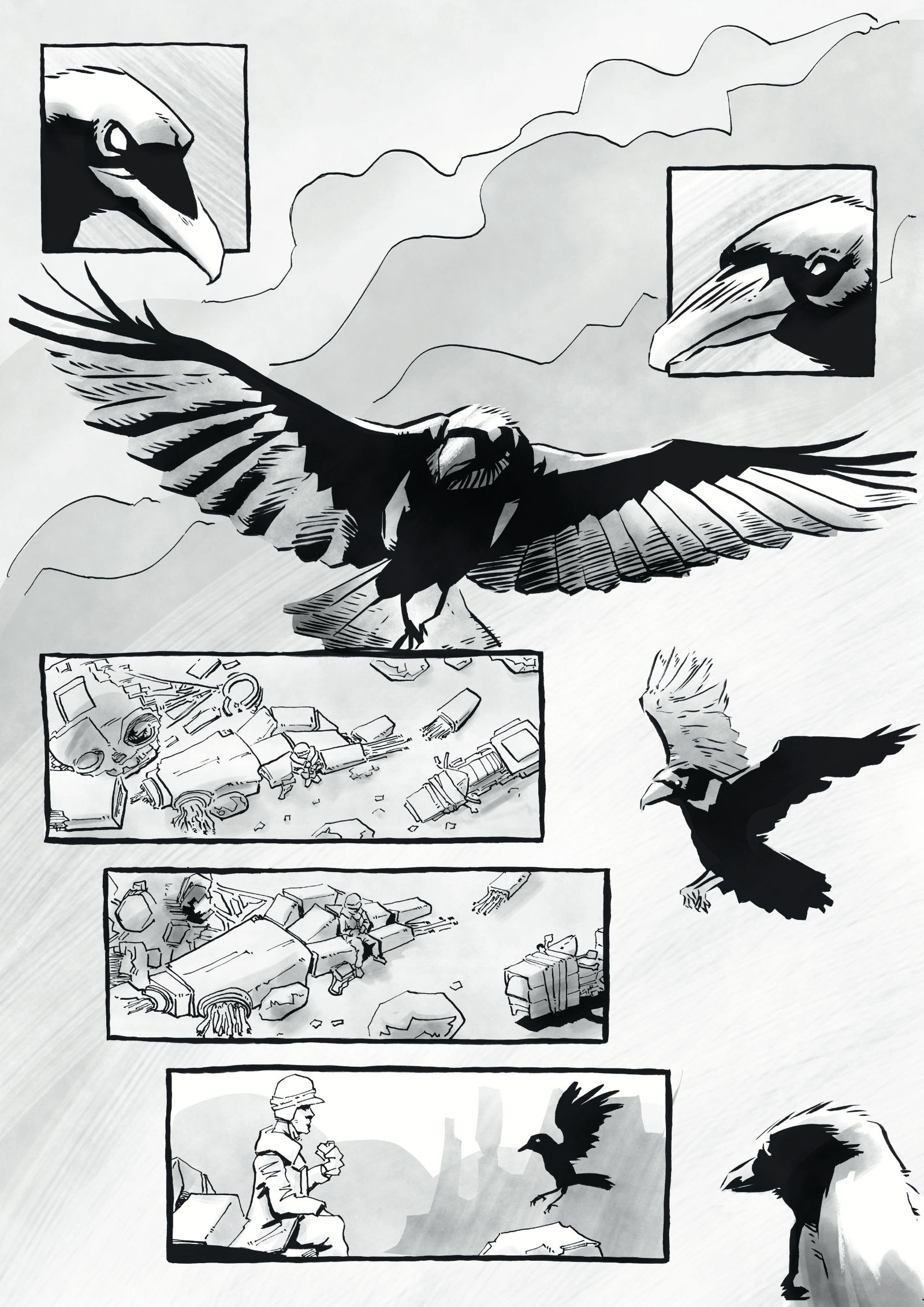 A crow spots a man in the desert and descends to land next to him
