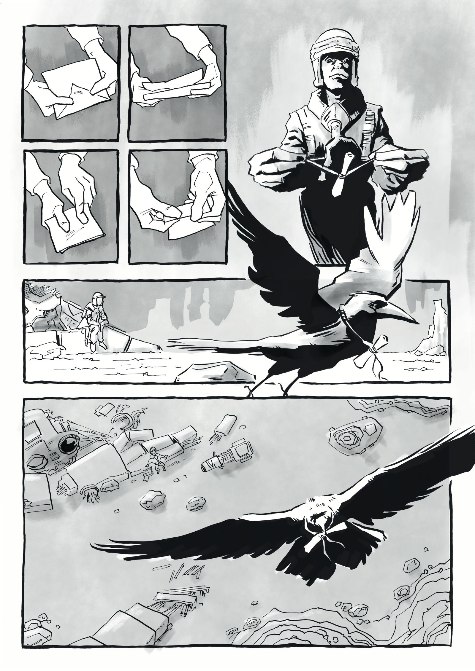 The man ties the letter to the crows neck