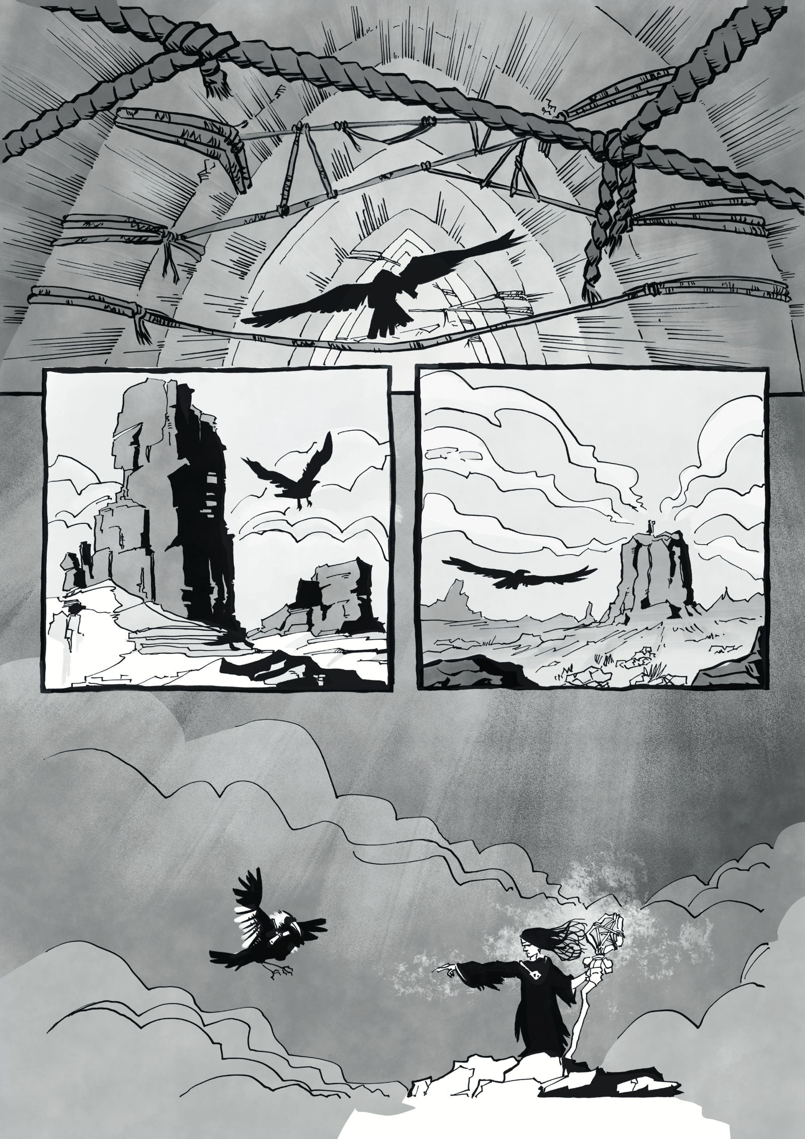 The crow flies back through the desert to a mysterious cloaked figure waiting on a mountain top
