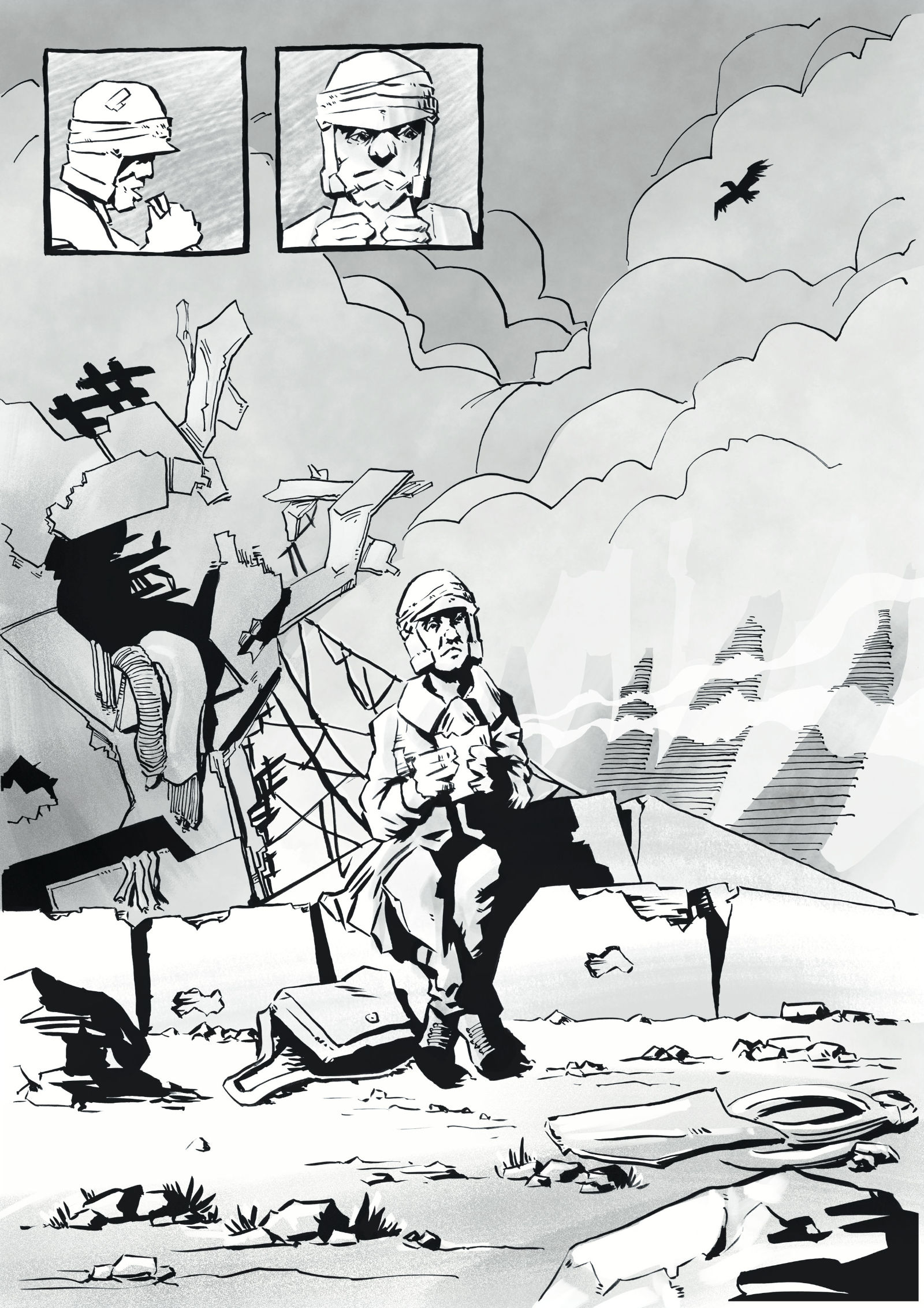 A man sits on a broken machine in the desert eating a sandwich, the ruins of a robot behind him