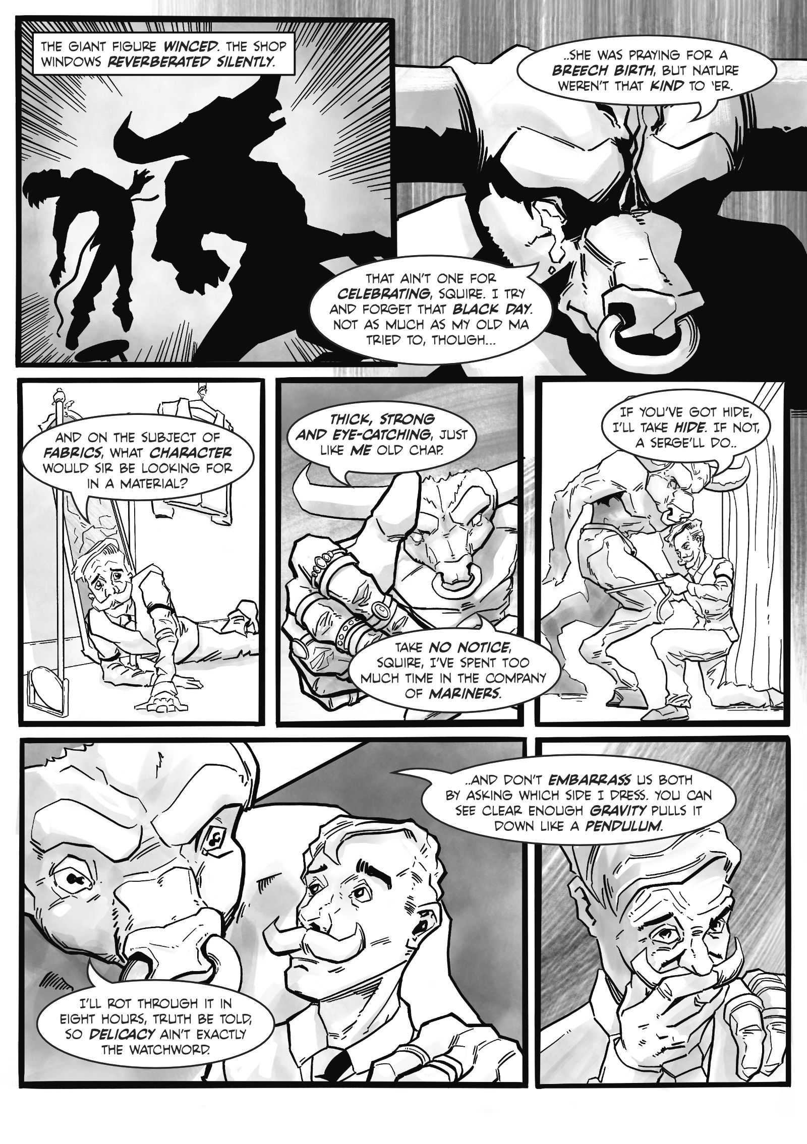 A comic page showing a minotaur getting fitted for a suit
