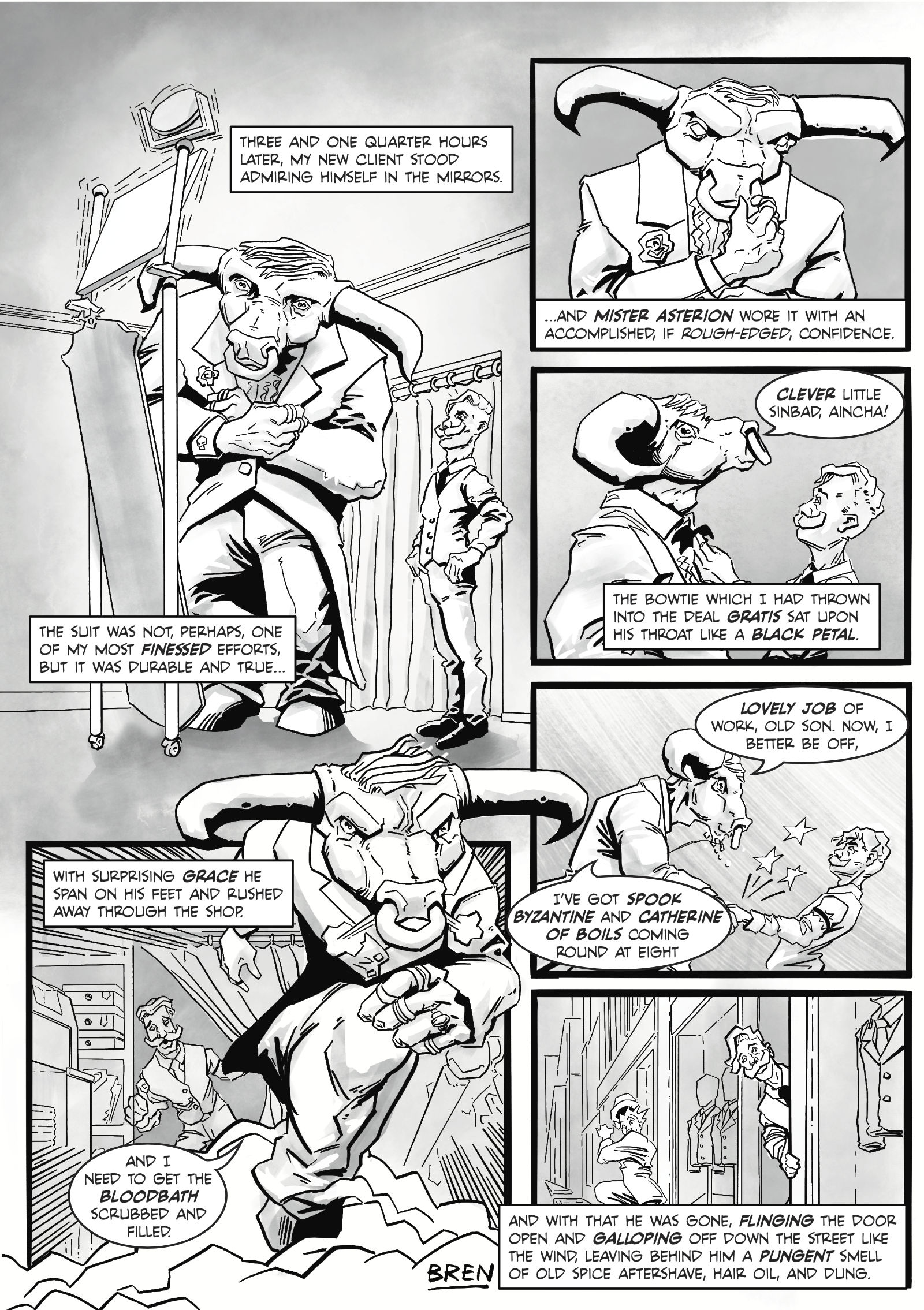 A comic page showing a minotaur with a nice new suit in a tailors shop