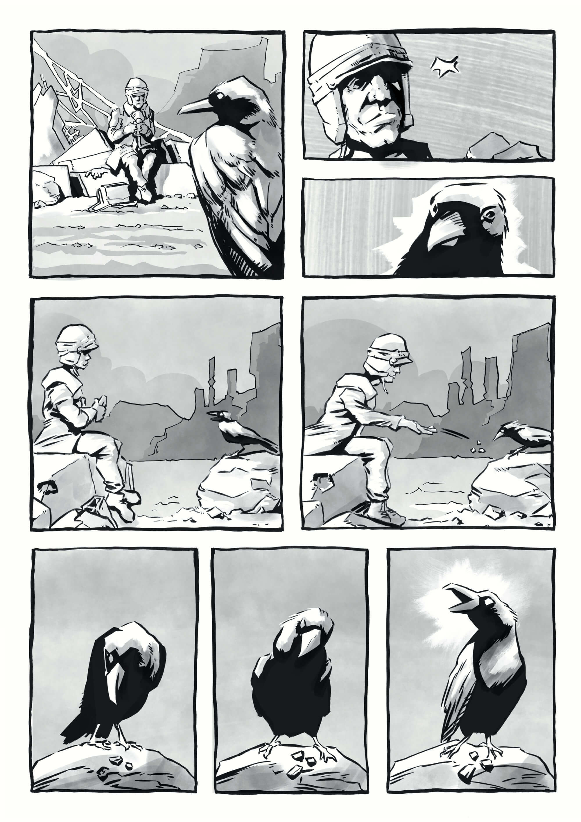 Black and white comic page, a crow looks at a man sitting in the deser