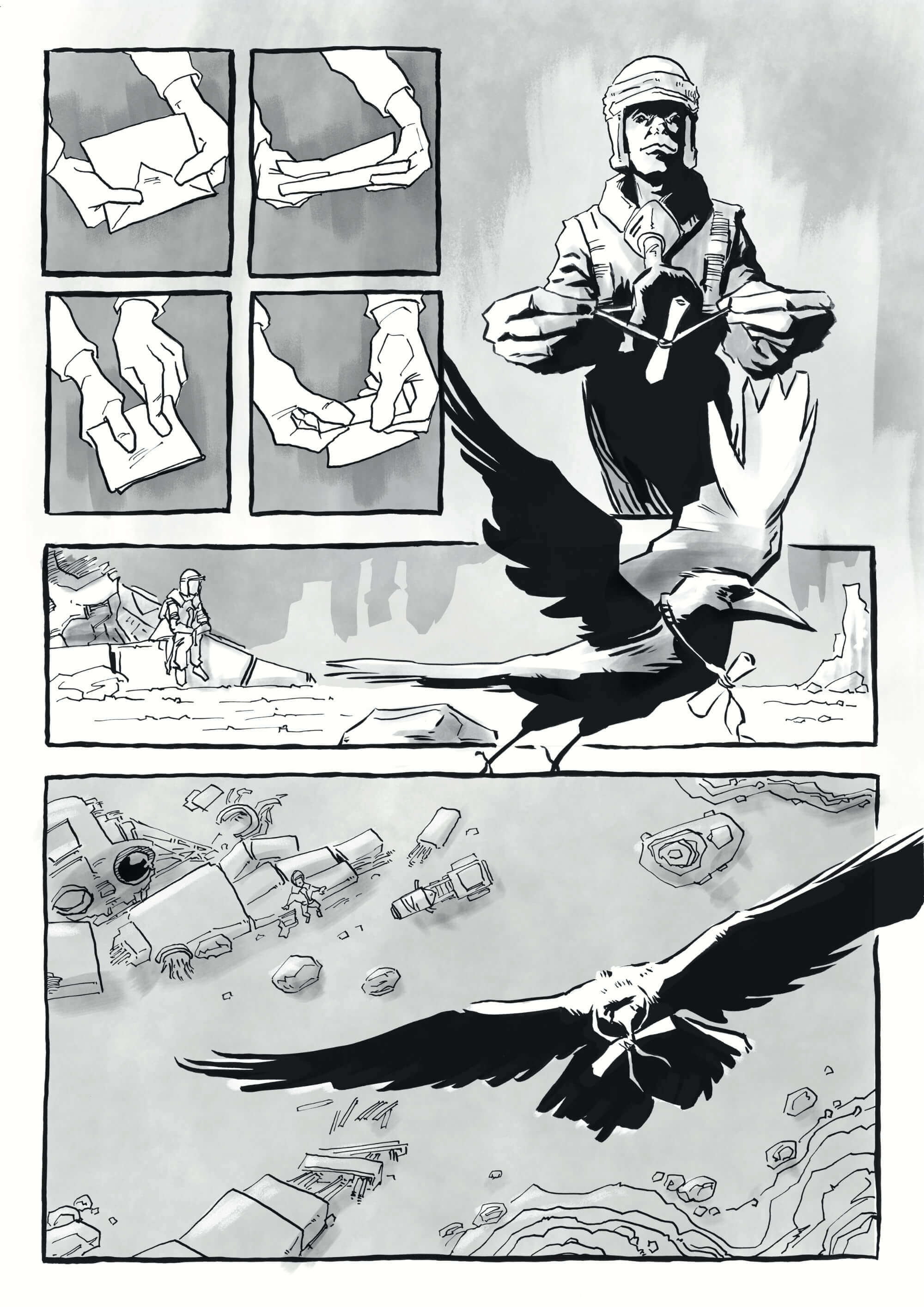 Black and white comic page, a man folds a letter and ties it around a crows neck