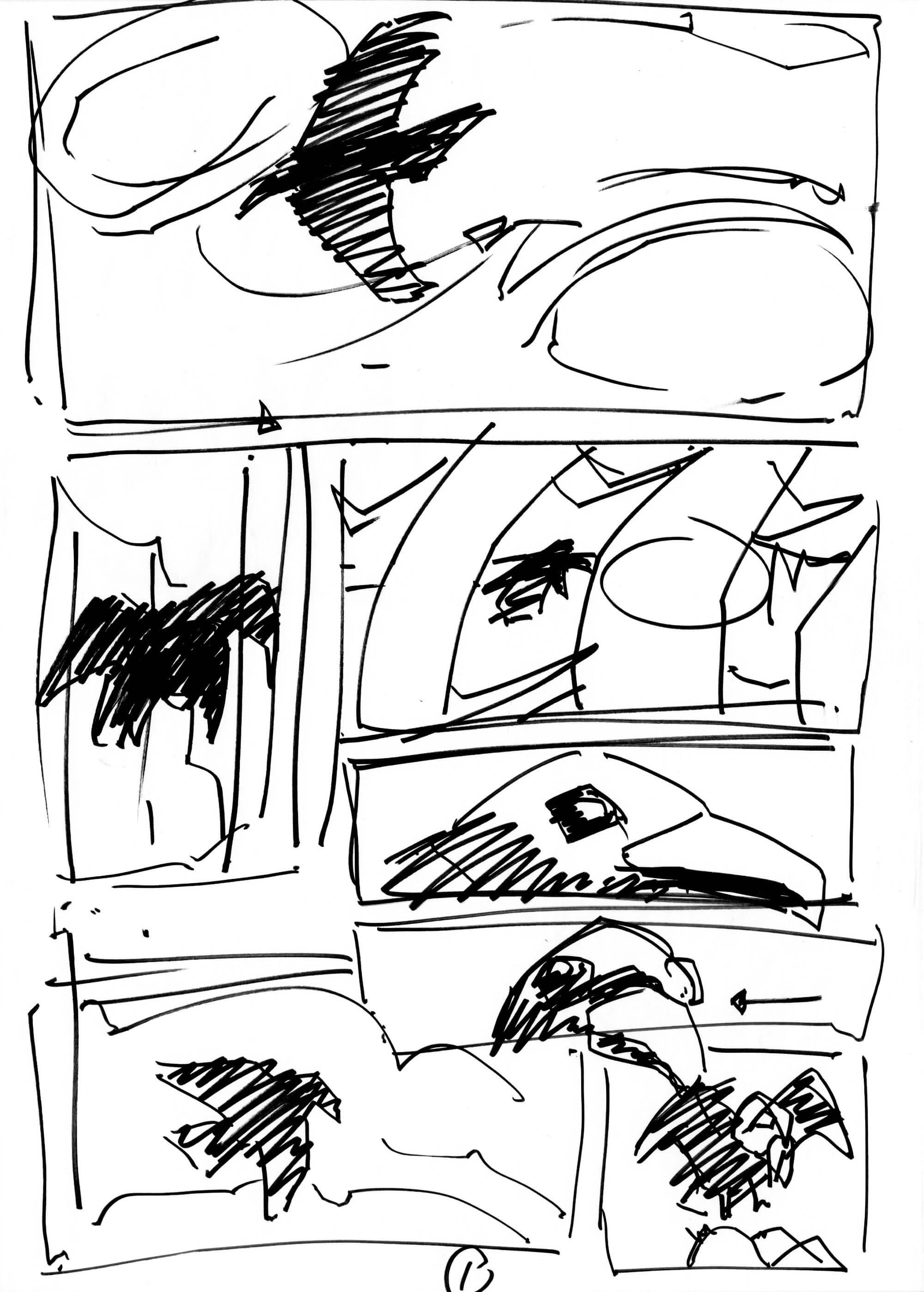 Thumbnails sketches for a comic page, a crow flies through a desert