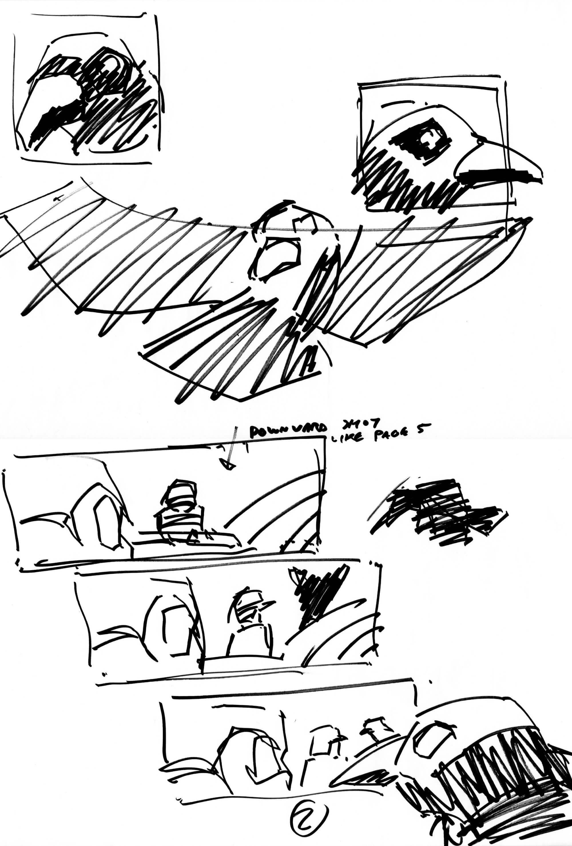 Thumbnails sketches for a comic page, a crow flies through a desert