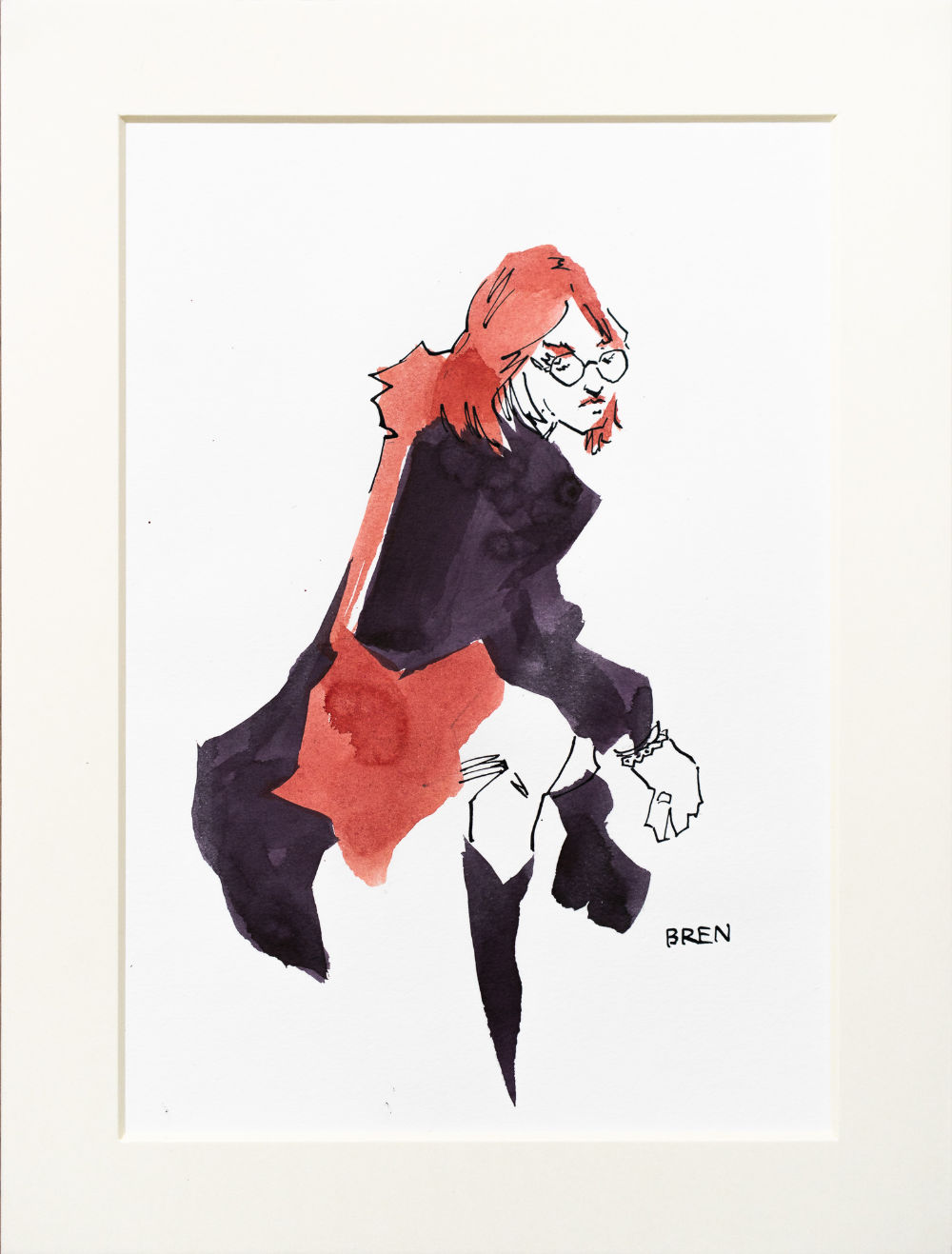 Yishu - original drawing of a seated woman wearing a long dark coat 