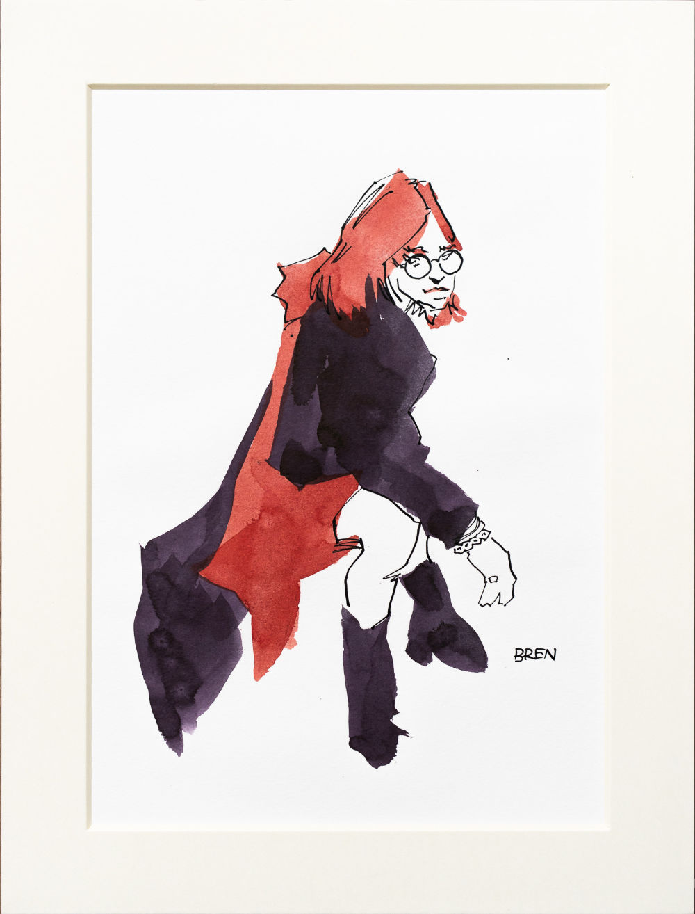 Yishu - original drawing of a seated woman wearing a long dark coat 