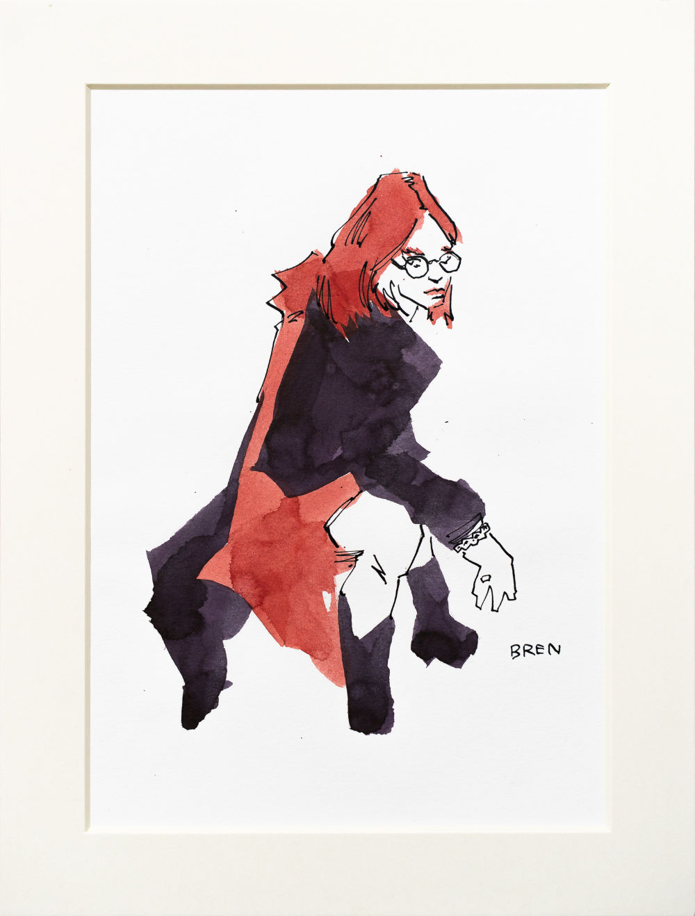 Yishu - original drawing of a seated woman wearing a long dark coat 