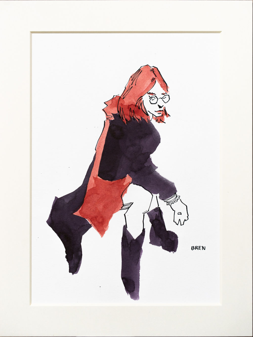 Yishu - original drawing of a seated woman wearing a long dark coat 